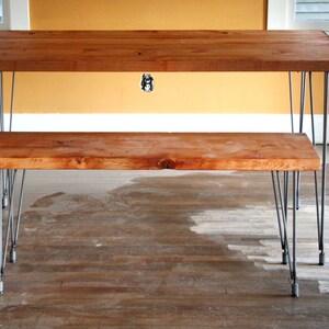 modern reclaimed industrial bench with steel leveling hairpin legs image 3