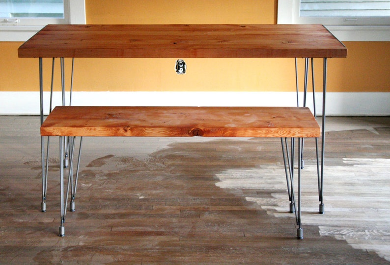modern reclaimed industrial bench with steel leveling hairpin legs image 3