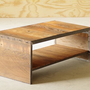 reclaimed coffee table from urban salvage old growth wood and steel old growth fir, recycled steel end table modern vernacular image 6