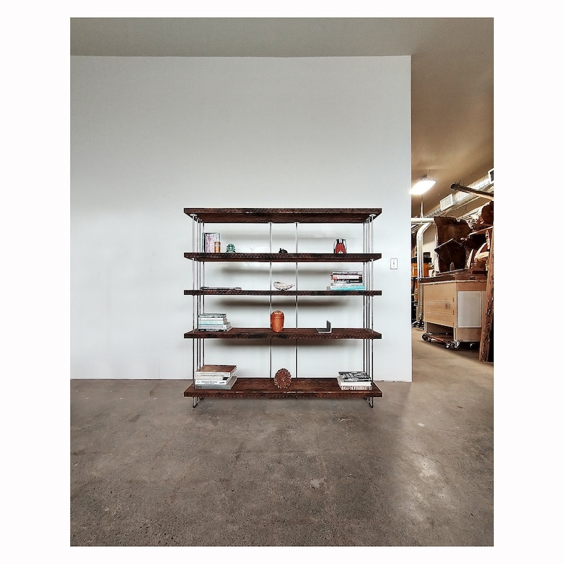 reclaimed wood shelving from roughsawn old growth fir and steel bookcase, bookshelf urban modern our wide option 4 to 7 shelves image 1