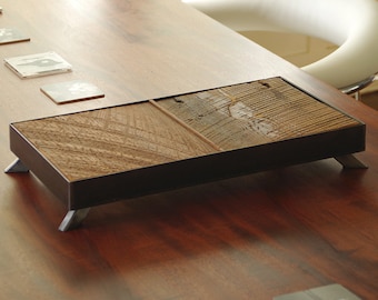 reclaimed wood and steel serving tray - butterfly tray - from salvaged roughsawn old growth fir and recycled steel - modern industrial