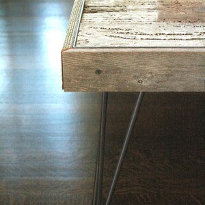 modern rustic industrial wood coffee table, from reclaimed old growth wood and midcentury modern steel hairpin legs image 4