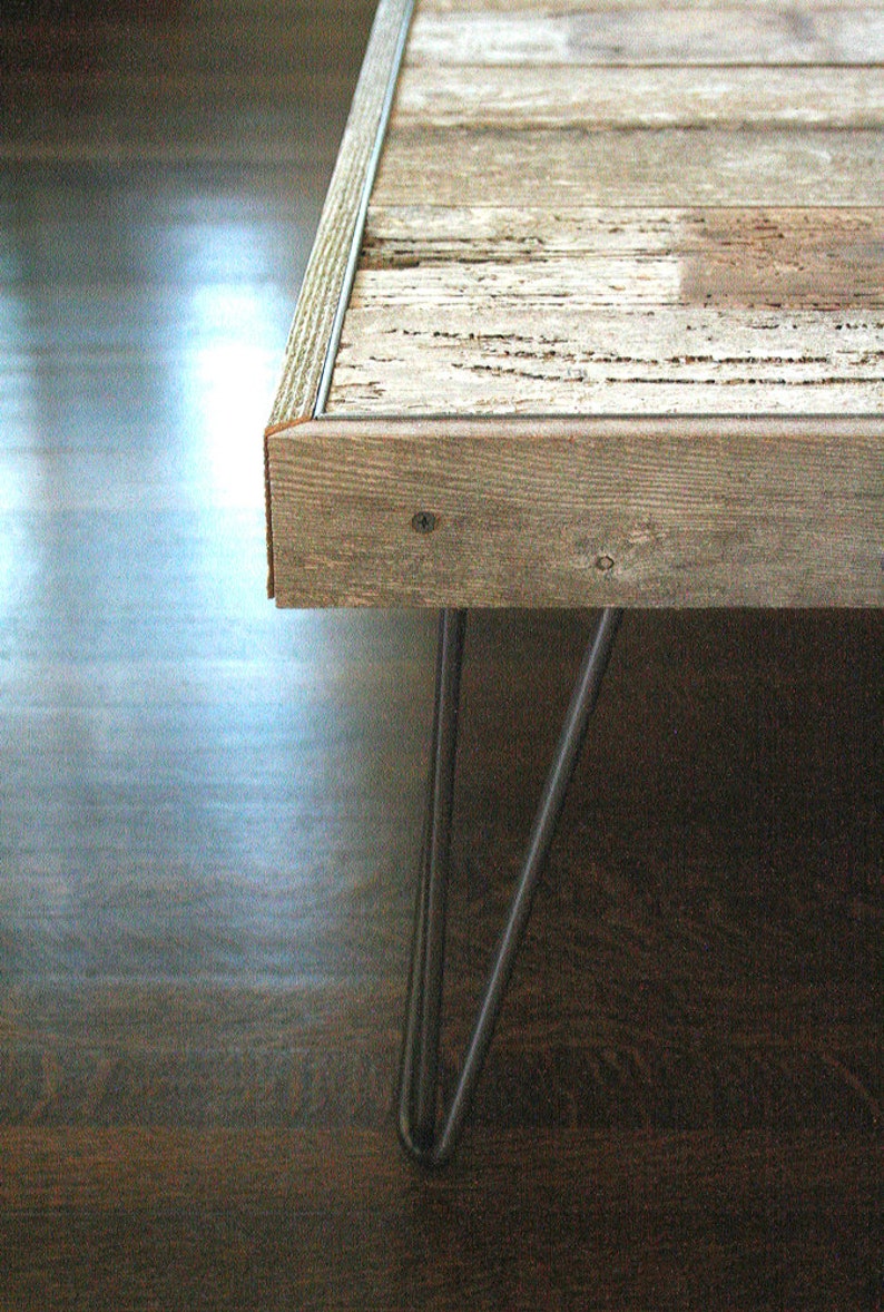 modern rustic industrial wood coffee table, from reclaimed old growth wood and midcentury modern steel hairpin legs image 4