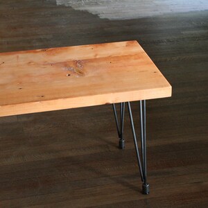modern reclaimed industrial bench with steel leveling hairpin legs image 2