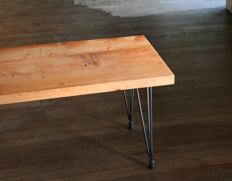 modern reclaimed industrial bench with steel leveling hairpin legs image 2