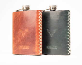 Personlig läderinslagen pennkolv, 237 ml rostfritt stålkolv, present till marskalken, whisky bourbonkolv, fars dag-present MUSS