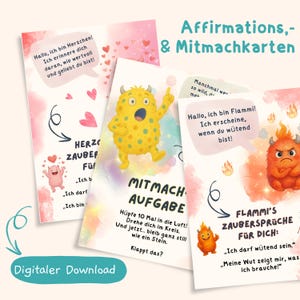 Könnte beinhalten: Eine Sammlung von Affirmationskarten mit farbenfrohen Illustrationen von freundlichen Monstern. Die Karten enthalten Text auf Deutsch mit Sätzen wie "Ich bin wertvoll" und "Ich bin geliebt". Die Karten sind mit "Digitaler Download" beschriftet.