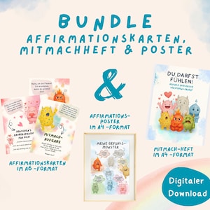 Puede incluir: Un conjunto de materiales educativos, que incluyen tarjetas de afirmación, un cuaderno de actividades y un póster. Los artículos presentan ilustraciones coloridas de monstruos amigables y texto en alemán. El paquete está disponible como descarga digital.