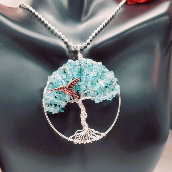 1 7/8" Hummingbird Tree of Life Pendant, Apatite Tree of Life, Tree of Life Necklace, Tree of Life Pendant