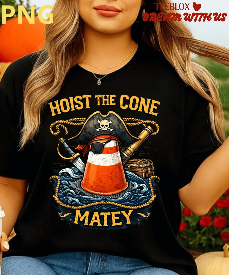 Op de afbeelding: Zwart T-shirt met een piratenthema. Het ontwerp toont een verkeerskegel met een ooglapje en piratenhoed, met de tekst "HOIST THE CONE MATEY". Een zwaard, een telescoop en een schatkist zijn ook inbegrepen.