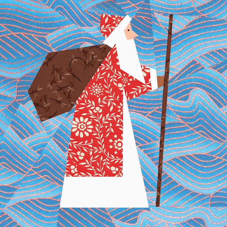 May include: A white-bearded figure in a red and white patterned robe carries a brown sack and a long brown stick against a blue and white patterned background.