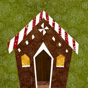 May include: A gingerbread house with a candy cane roof, white trim, and two windows with yellow lights. The house is on a green background with a floral pattern.