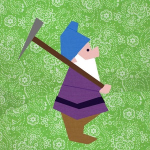 Dwarf with pickaxe quilt block, paper pieced quilt pattern, PDF pattern, instant download, gnome pattern image 1