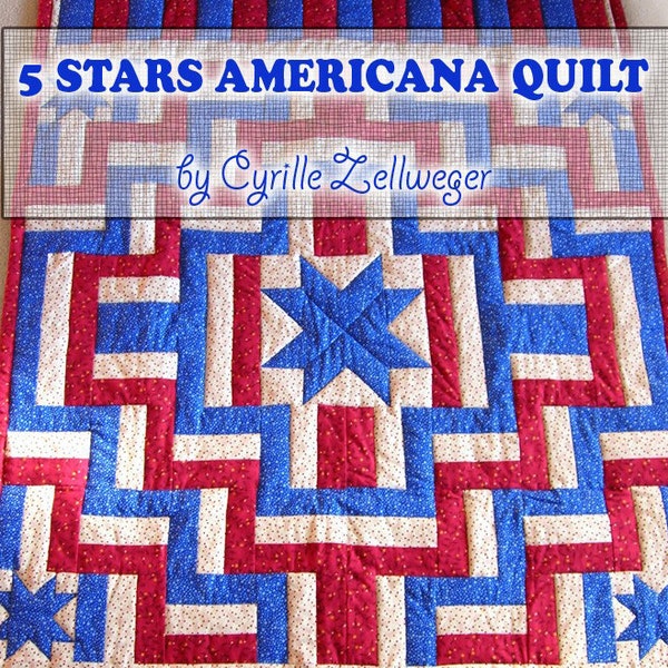 Easy Quilt Pattern PDF, 5 Stars Americana Patriotic quilt