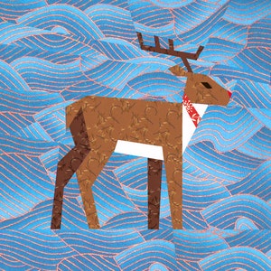 May include: A geometric illustration of a reindeer with brown patterned fur, a red nose, and a decorative collar. The reindeer stands against a blue background with wavy lines and a copper-colored pattern, evoking a winter theme.