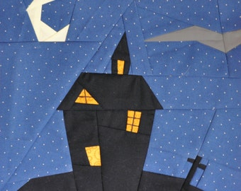 Halloween Haunted House quiltblock, papperslappnad quiltmönster, PDF-mönster, omedelbar nedladdning, klockmönster