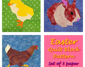 Easter kritters quilt block, 3 paper pieced quilt pattern, PDF pattern, instant download, Set of 3 Paper pieced block patterns, bubblestitch