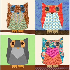May include: Four colorful patchwork owls with button eyes. Each owl is on a different colored background. The owls are made of different patterned fabrics.
