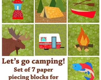 Let's go camping quilt block, paper pieced quilt pattern, PDF pattern, instant download, Set of 7 Paper pieced block patterns, bubblestitch