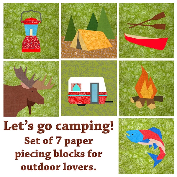 Blok kołdry Let's Go Camping, wzór na kołdrę z papieru, wzór w formacie PDF, do pobrania natychmiast, zestaw 7 wzorów bloków z papieru, ścieg bąbelkowy