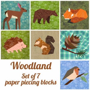 Woodland quilt block patterns set, foundation paper pieced PDF pattern, instant download, Set of 7 Paper pieced block patterns, bubblestitch