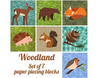 Woodland quilt block patterns set, foundation paper pieced PDF pattern, instant download, Set of 7 Paper pieced block patterns, bubblestitch