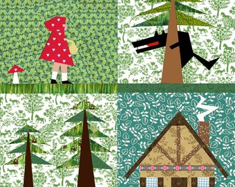 Little red Riding Hood Set of 4 paper pieced quilt block patterns PDF, bubblestitch pattern