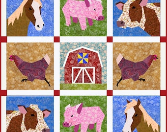 Farm quilt pattern, Set of 5 paper pieced quilt blocks pattern, PDF pattern, instant download