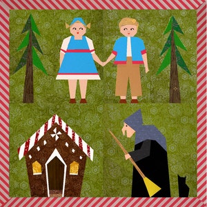 Puede incluir: Un edredón caprichoso con una casa de jengibre, dos niños tomados de la mano, dos árboles y una bruja con una escoba. El edredón tiene un fondo verde con un estampado floral y un borde a rayas rojas y blancas.