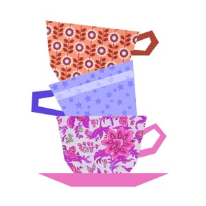 Bloc de courtepointe empilable de tasses, modèle de courtepointe en morceaux de papier, modèle PDF, téléchargement instantané, modèle de bloc de courtepointe en morceaux de papier, modèle de l'heure du thé