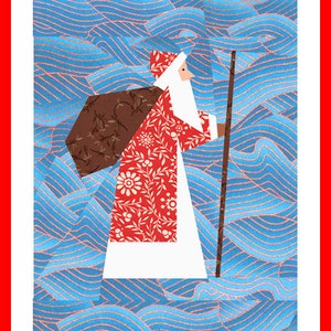 May include: A digital illustration of a red-clad Santa Claus carrying a bag of gifts, walking with a staff, followed by a white polar bear and a brown reindeer on a blue and pink patterned background.