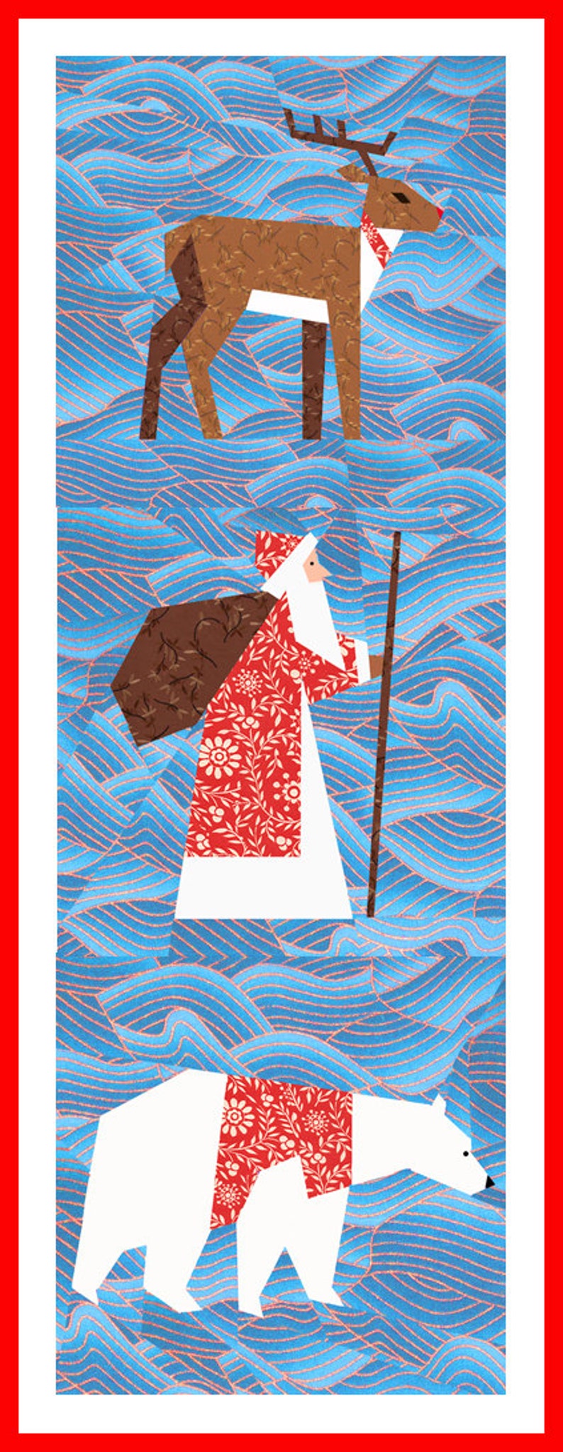 May include: A digital illustration of a red-clad Santa Claus carrying a bag of gifts, walking with a staff, followed by a white polar bear and a brown reindeer on a blue and pink patterned background.