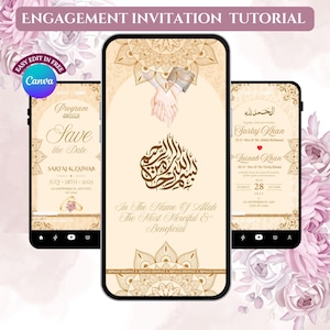 Puede incluir: Tres smartphones que muestran diseños de invitaciones de compromiso. Los diseños presentan un fondo crema con detalles dorados, patrones florales y caligrafía árabe. El texto incluye "Save the Date" y nombres. El banner superior dice "Engagement Invitation Tutorial".