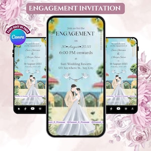 Puede incluir: Tres smartphones que muestran una invitación de compromiso. La invitación presenta una pareja, detalles florales y detalles del evento: fecha, hora y lugar. El texto dice "Join us for the Engagement" e incluye los nombres Suri Sharma & Aarya Surve.
