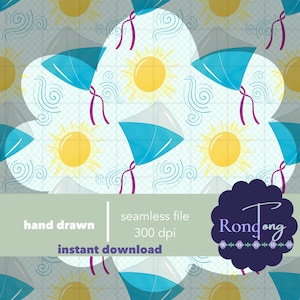 May include: Seamless pattern featuring a repeating design of kites, suns, and stylized wind elements in shades of blue, yellow, and white. The words "hand drawn" and "instant download" are also visible.