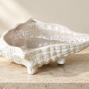 Può includere: Una ciotola in ceramica a forma di conchiglia con una finitura lucida e iridescente color bianco sporco. L'esterno presenta un motivo a griglia testurizzato e la ciotola è sostenuta da tre piccoli piedini integrati alla base.