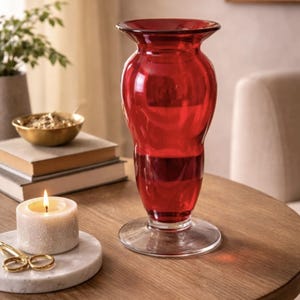 May include: A vibrant red glass vase with a wide, flared rim and a rounded body that tapers down to a clear, circular pedestal base. The vase features a smooth, polished surface that reflects light, showcasing its deep crimson color and transparent glass.