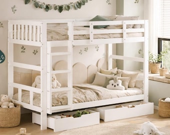 Łóżko piętrowe dla dzieci 90x200 cm z szufladami – lite białe drewno | Bezpieczne i oszczędzające miejsce