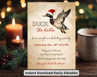 Duck Christmas Invitation, Duck the Halls Vintage Mallard Holiday Party Invite, Editable Instant Canva Download