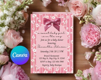 Pink Bow Floral Girl Baby Shower Invitation, A Sweet Baby Girl is on the Way Invite, Editable Canva Instant Download