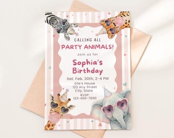 Calling All Party Animals Birthday Invitation, Girl Pastel Safari Animal Invite Template