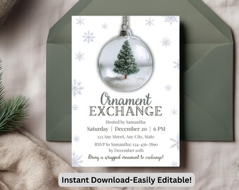 Ornament Exchange Party Invitation, Christmas Tree Ornament Invite Template, Canva Instant Download