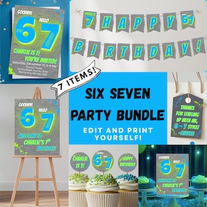 Pacchetto per feste Six Seven Meme, set di inviti di compleanno al neon Goodbye 6 Hello 7, modello modificabile, decorazioni per il settimo compleanno, 67BD