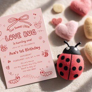 Valentine Theme Kids Birthday Invitation, Little Love Bug Birthday Invite Template, First Birthday Any Age Heart Doodle Printable, LB1