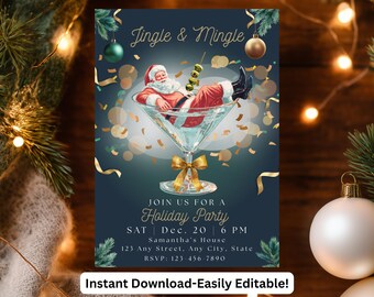 Cocktail Christmas Party Invitation, Jingle and Mingle Holiday Invite Template, Santa Martini Glass Canva Instant Download