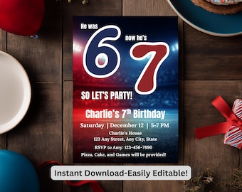 Six Seven Birthday Invitation Template, 6 7 Meme Boy's Birthday Invite Instant Download Canva, Blue Red Sports Theme Party, 7th Birthday
