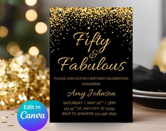 50th Birthday Invitation Template, Gold and Black Fifty and Fabulous Canva Printable Instant Invite for Her, 5x7 Adult Party Invitation
