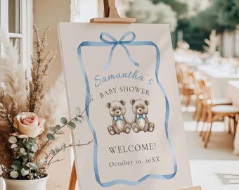 Välkomstskylt för babyshower med tvillingar, redigerbar mall med blått band, 40x50 cm, 40x60 cm, redigerbar/utskrivbar dekoration för pojke, TRBB