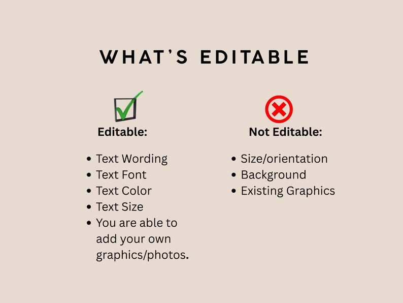 May include: A beige graphic with the text "WHAT'S EDITABLE". It lists what can be edited: text wording, font, color, and size, and adding graphics. It also lists what is not editable: size/orientation, background, and existing graphics.