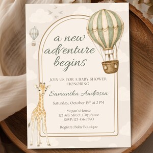 Könnte beinhalten: Eine rechteckige Einladungskarte für eine Babyparty mit einer Aquarellillustration einer Giraffe und eines grün-beigen Heißluftballons. Der Text lautet: a new adventure begins, JOIN US FOR A BABY SHOWER HONORING Samantha Anderson, Saturday, October 15th at 2 PM, Megan's House, 123 Any Street, City, State, RSVP: 123-456-7890, Registry: Baby Boutique.